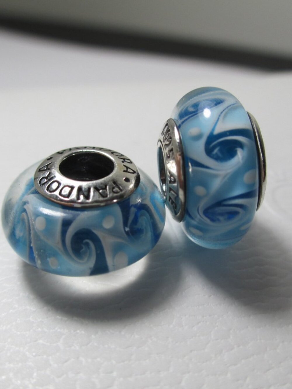 Set of 2 Pandora Murano Glass Charms Beads Blue Ocean Wave Art Design